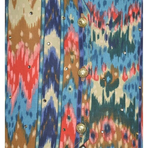 Vintage Denim Southwest Print Vest Rhinestone Accents USA Made Ladies L Western - Picture 3 of 10